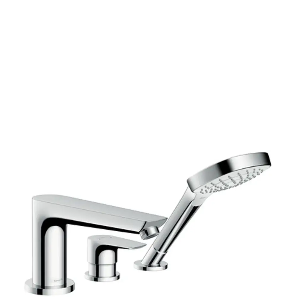 Wannenrandmischer aus Chrom mit zwei Bedienelementen und Handbrause. Hersteller ist Hansgrohe. Das Design ist modern und funktional.